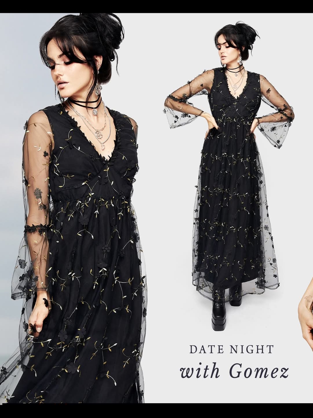 Disturbia Black Maxi Dress with Subtle Gold Embroidery